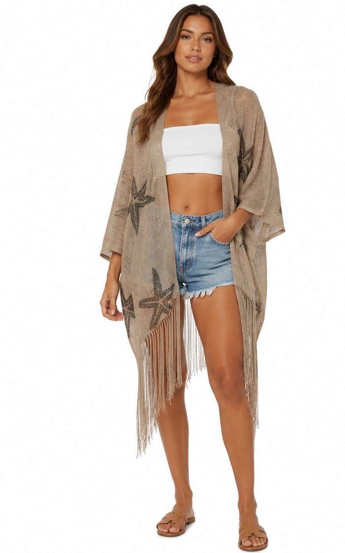 Seaside Starfish Fringe Kimono ( Bronze , Beige )
