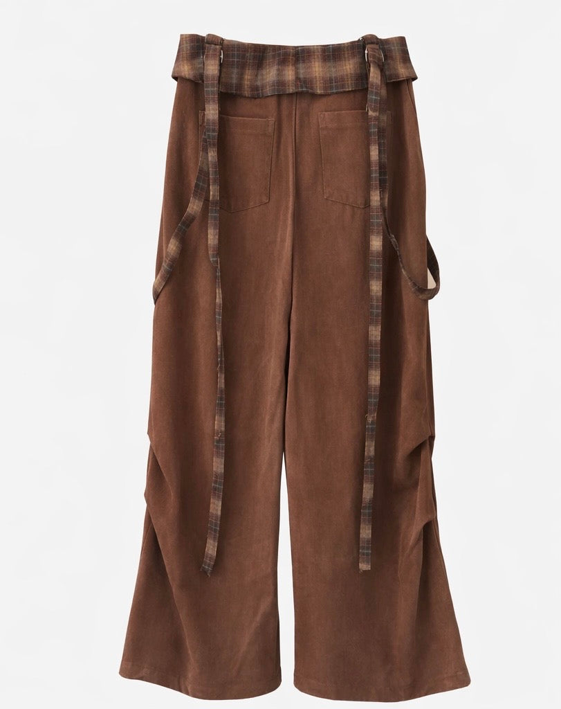 Wide-Leg Suspender Pants in Warm Brown