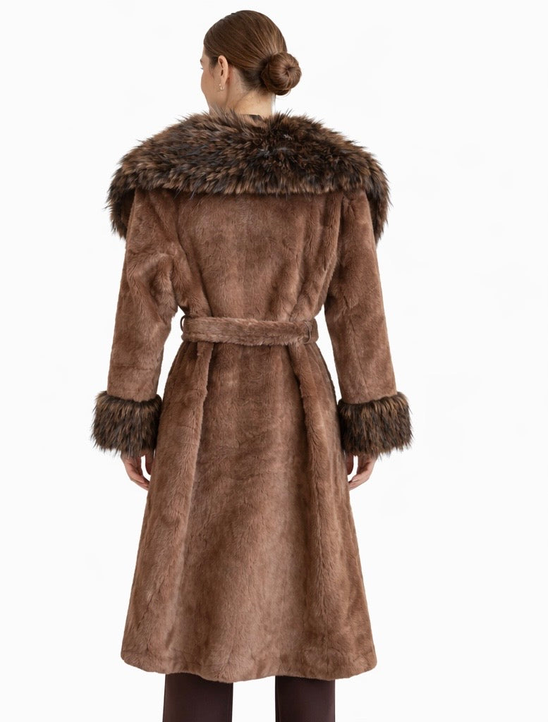 Women’s Belted Faux Fur Long Coat Brown