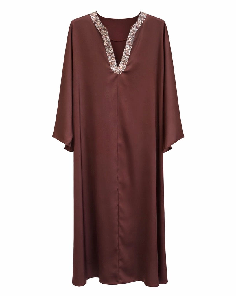 Beaded Neckline Brown Kaftan Dress