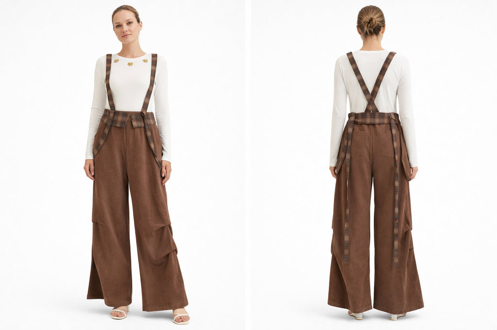 Wide-Leg Suspender Pants in Warm Brown
