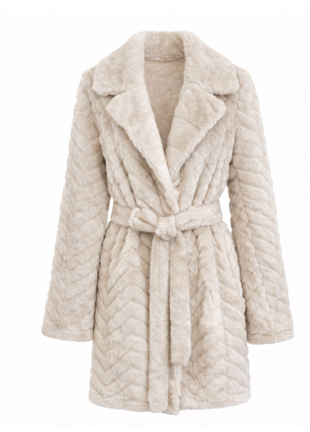 Cream Eco fur belted Coat