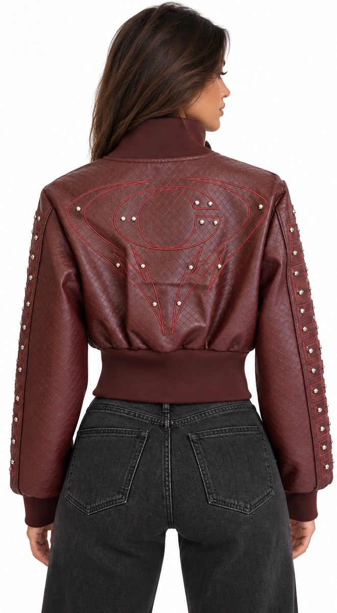 Studded Textured Leather Bomber Jacket( Olive , Burgundy )