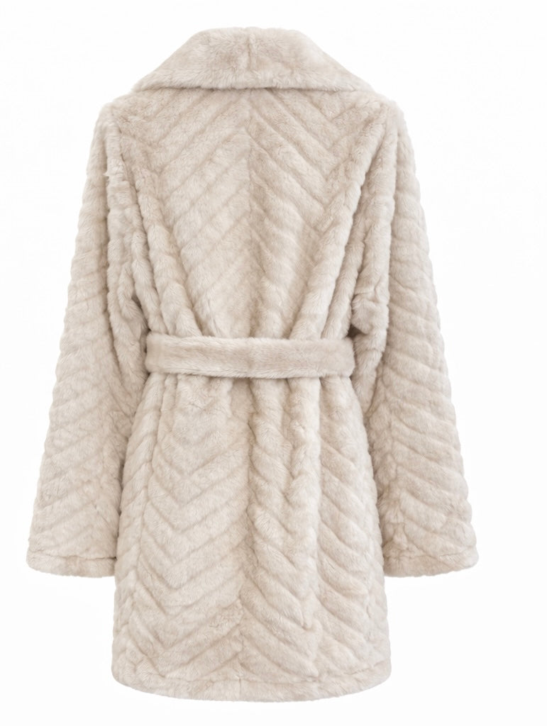 Cream Eco fur belted Coat