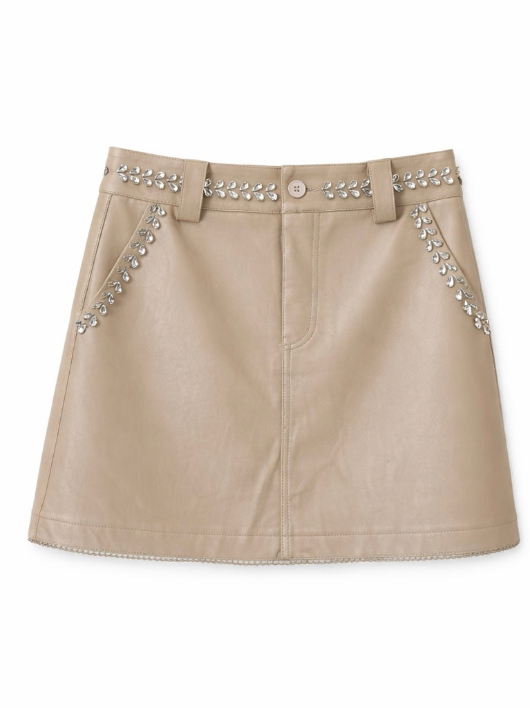Crystal Embellished Faux Leather Mini Skirt Beige