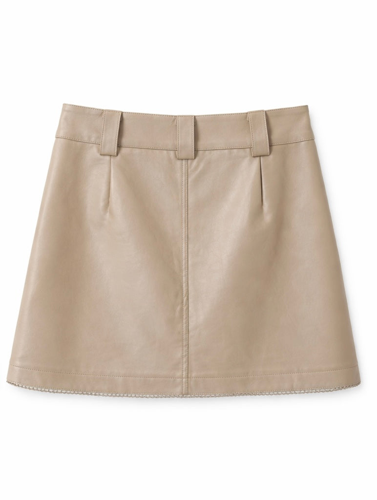 Crystal Embellished Faux Leather Mini Skirt Beige