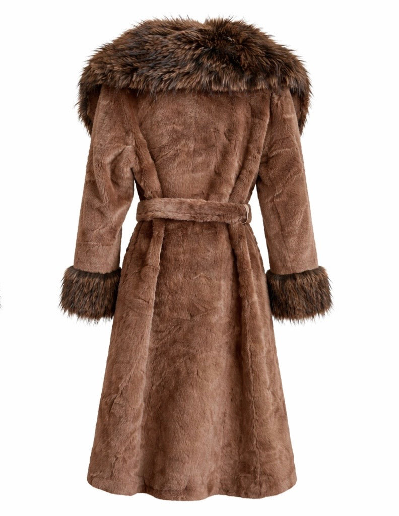 Women’s Belted Faux Fur Long Coat Brown