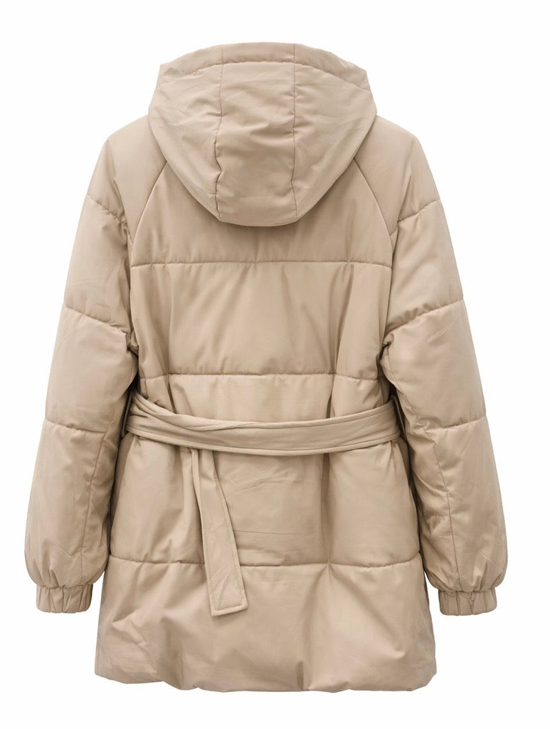 Beige Quilted Puffer Coat with Belt