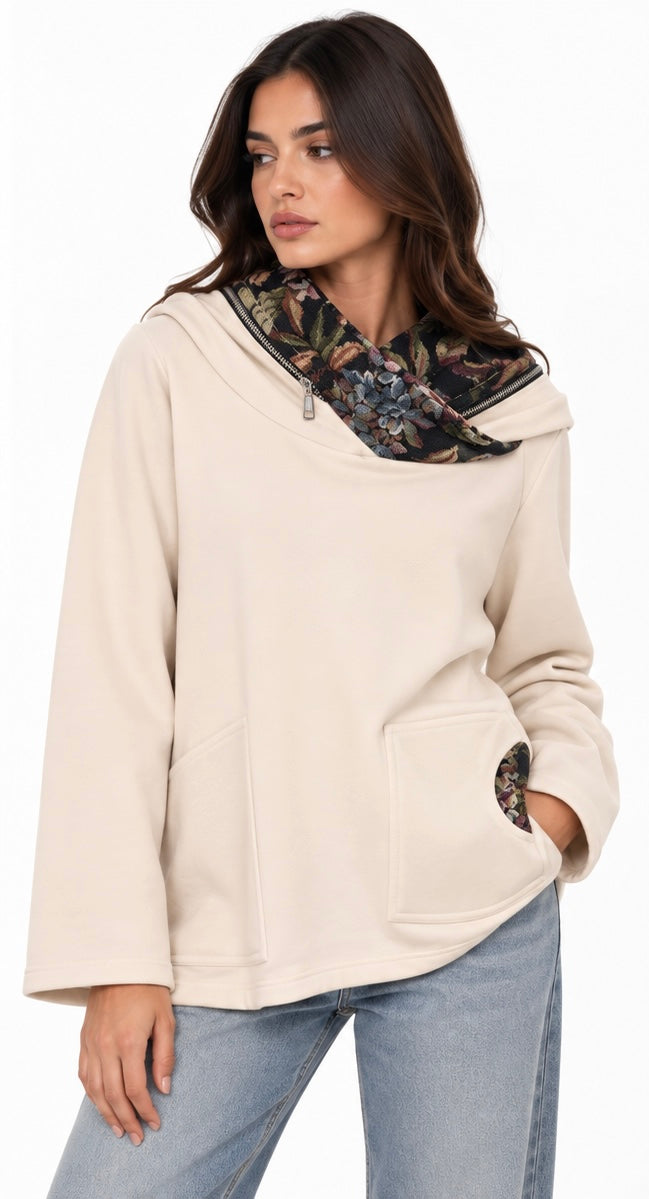 floral Scarf Detail Hoodie Top