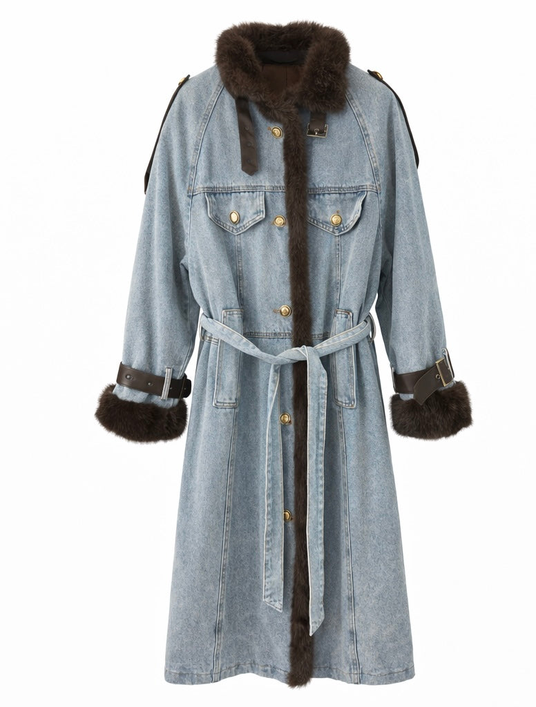 Denim Trench Coat with Cozy Fur Accents