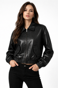 Textured Leather Bomber Jacket Black