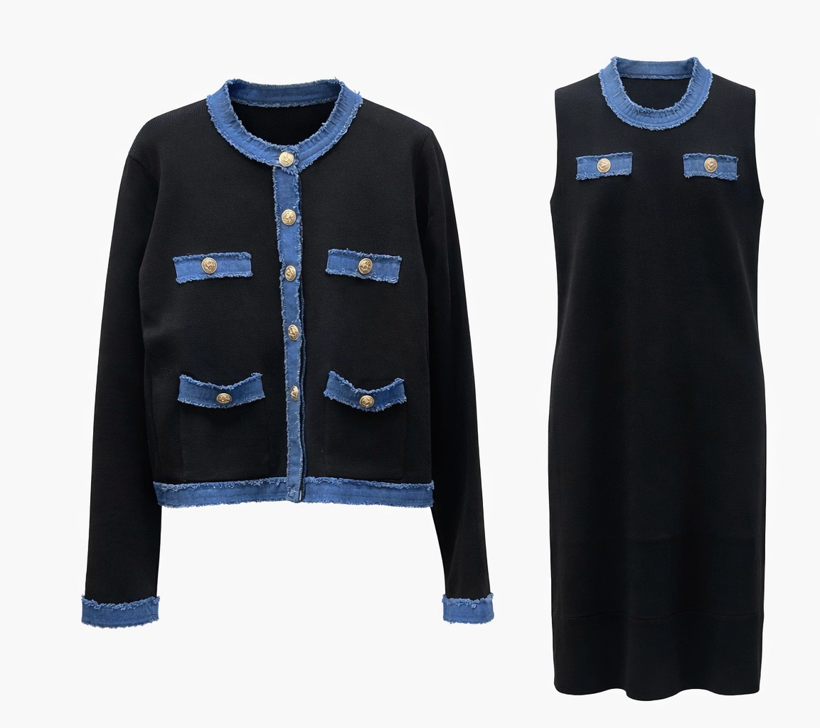 Modern Gold-Button Jacket & Dress Ensemble Black