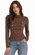 Military Detail Mock Neck Top ( Brown , Beige , Black )