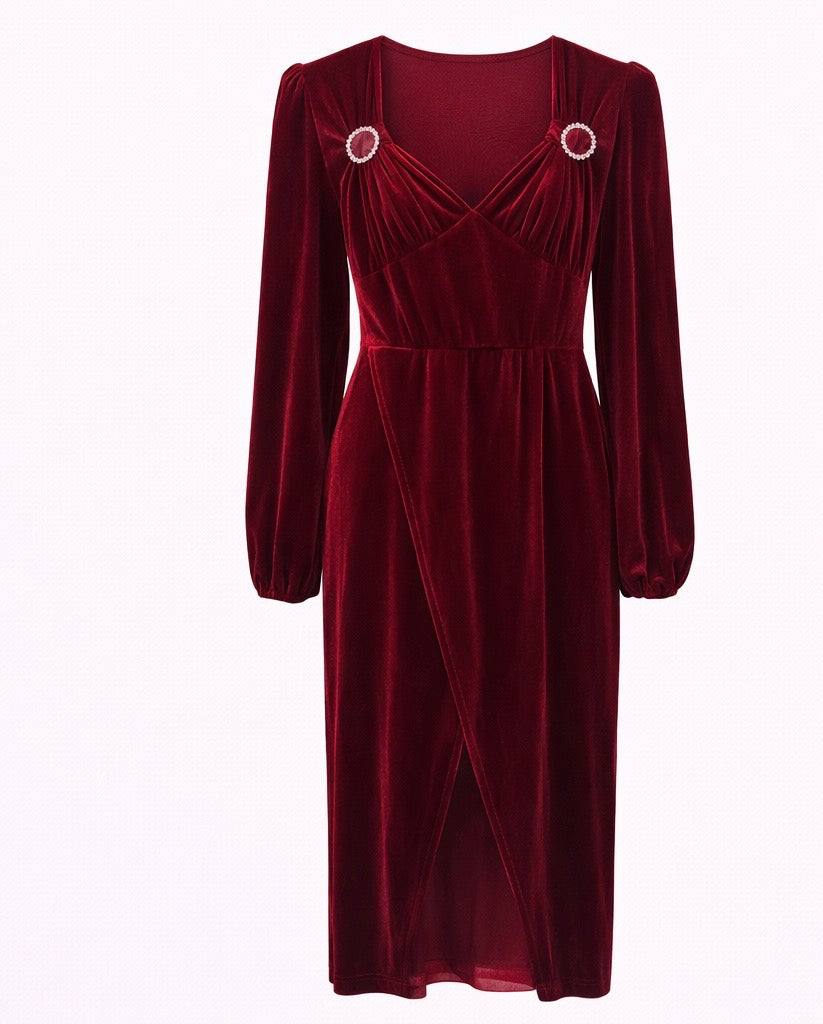 Wine Red Velvet Draped Midi Dress with Crystal Brooch Detail