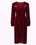 Wine Red Velvet Draped Midi Dress with Crystal Brooch Detail