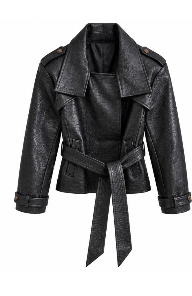 Croc-Embossed Belted Leather Jacket
