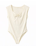Elegant Draped Neck Bodysuit - Beige , Moccha brown