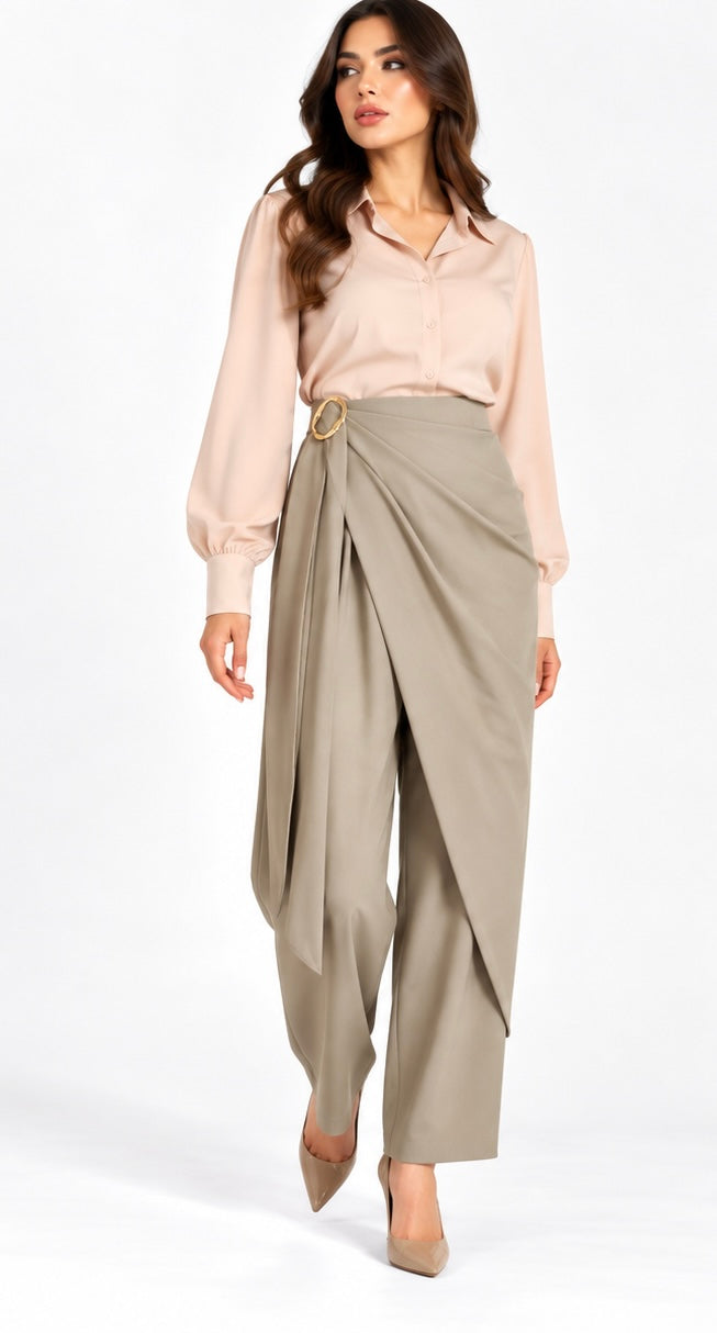 Draped Wrap Tailored Pants (Brown,Olive,Black,Beige)