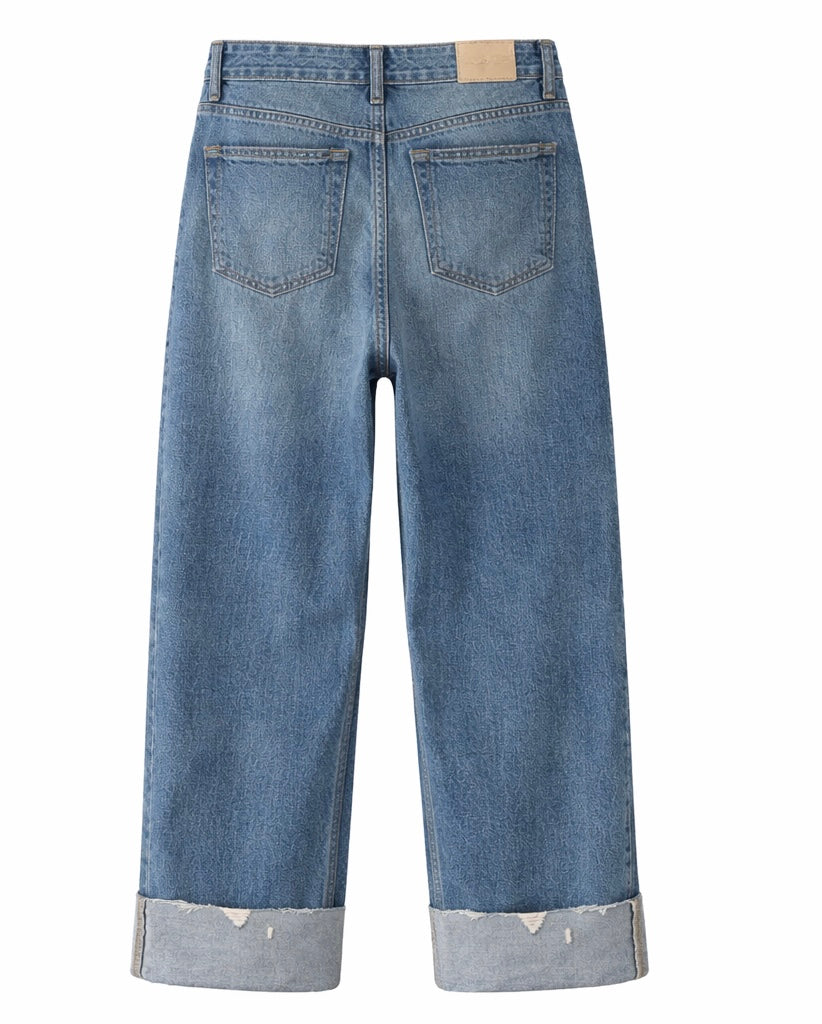 Classic Blue Straight Denim with Turn-Up Hem