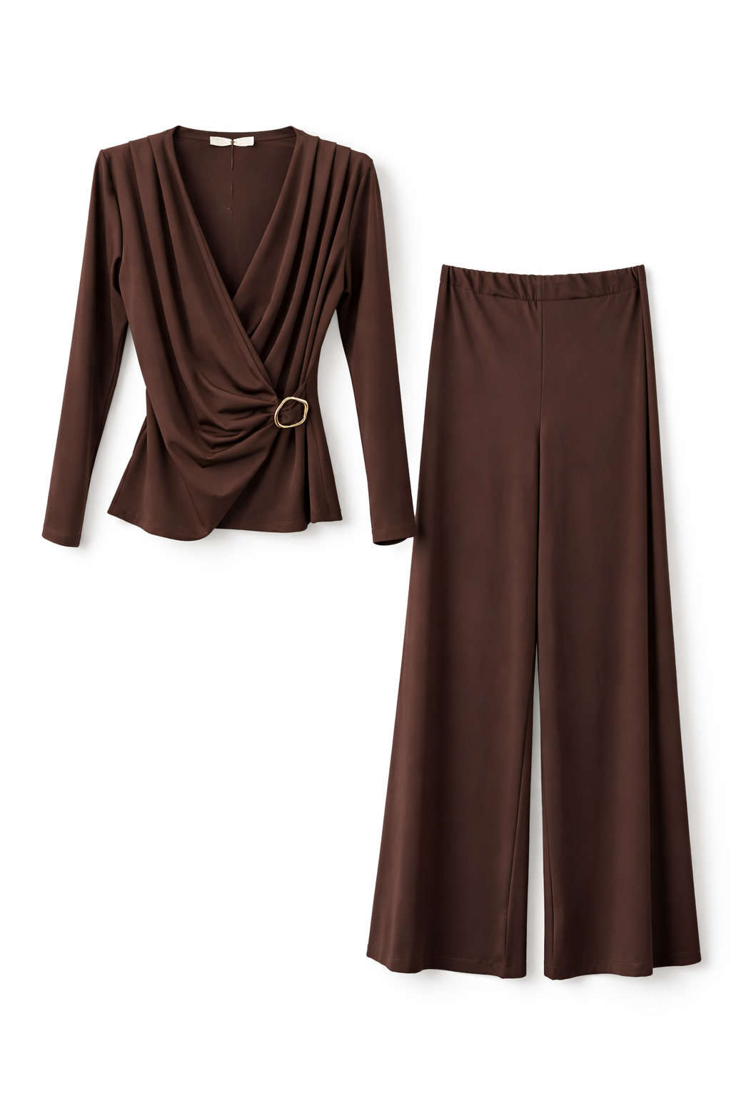 Draped Wrap Top & Wide-Leg Pant Set – Chocolate Brown