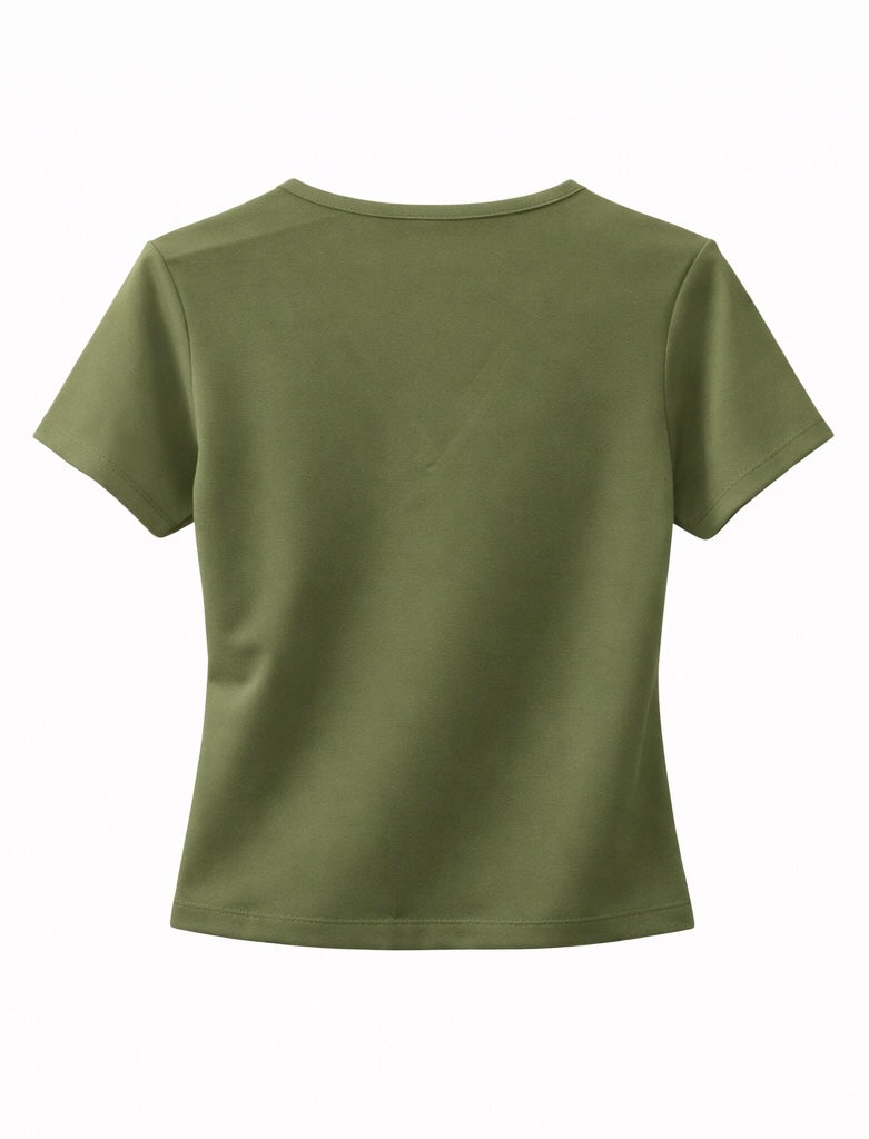 V-Neck Ruched Short Sleeve Top - Brown, Black , White , Olive Green , Beige