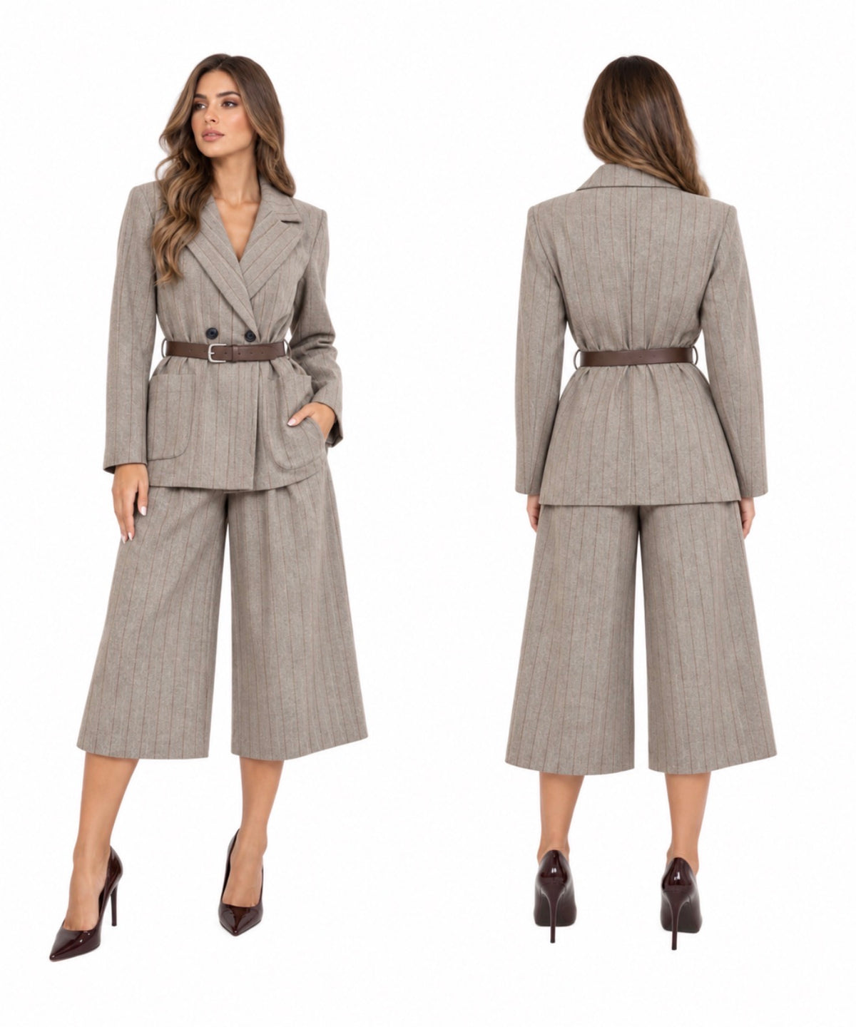 Pinstripe Tailored Belted Suit ( Burgundy , Beige )