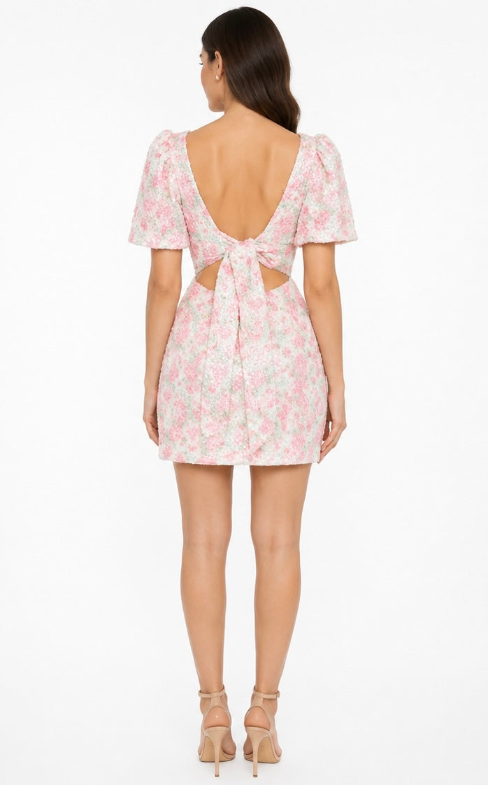 Floral Sequins Dress With Bow
