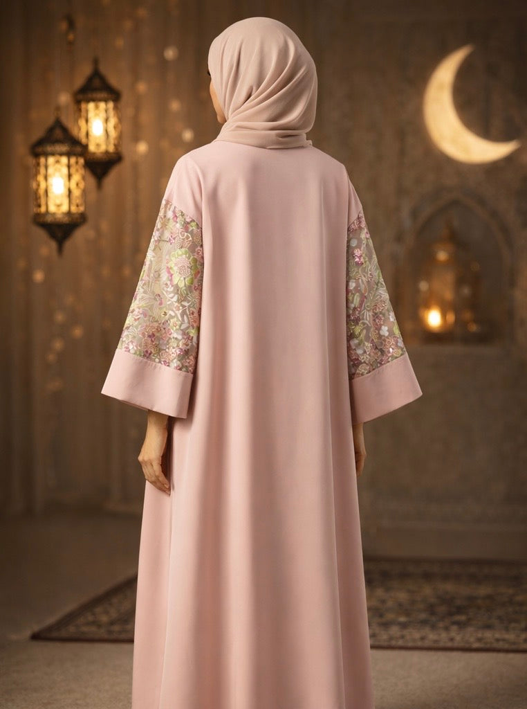 Evening Elegance Blush Nude Floral Sleeve Open Abaya
