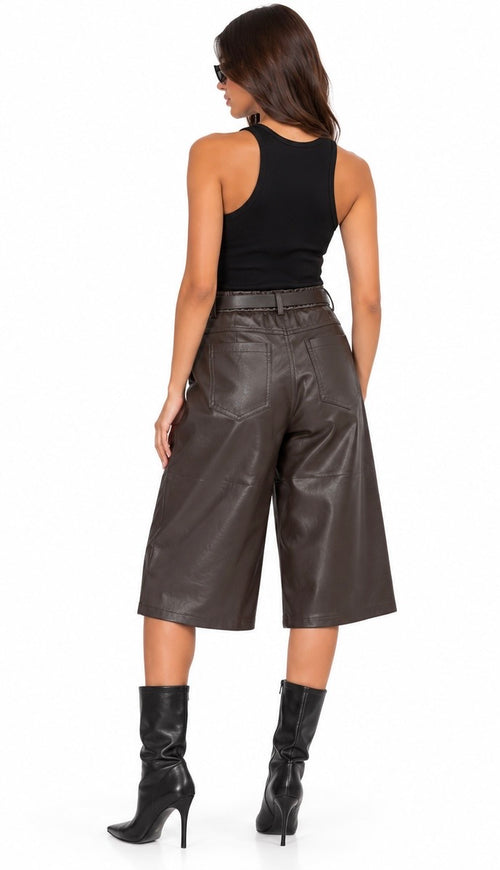 Belted Leather-Look Bermuda Shorts ( Brown , Black )