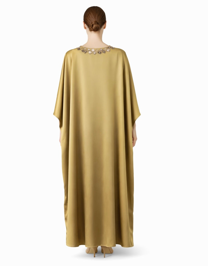 Olive Gold Silk Kaftan with Beaded Neckline