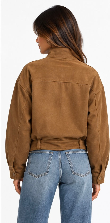Embellished Suede Belted Jacket ( Brown , Olive , Beige )