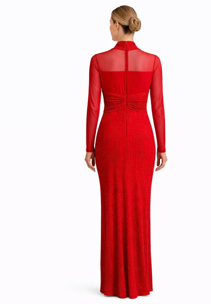 Red Crimson Crystal Mesh Evening Gown