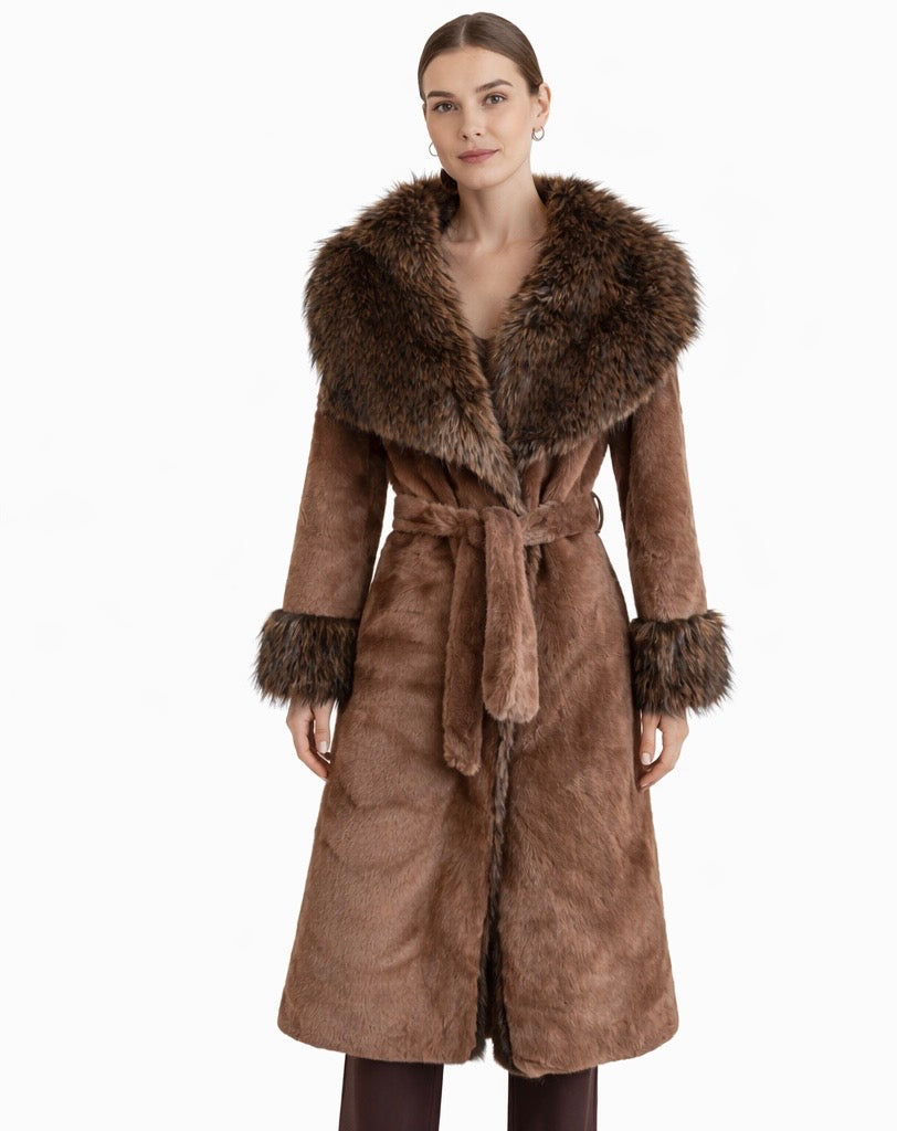 Women’s Belted Faux Fur Long Coat Brown