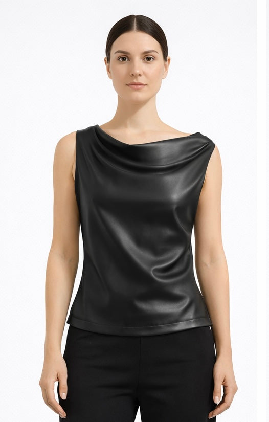 Asymmetric Cowl Neck Faux Leather Top – Black