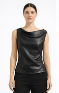 Asymmetric Cowl Neck Faux Leather Top – Black