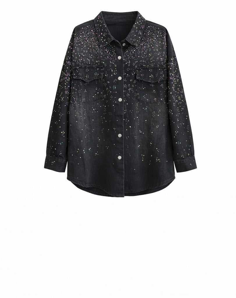 Black Rhinestone Button-Up Shirt & Palazzo Pant Set
