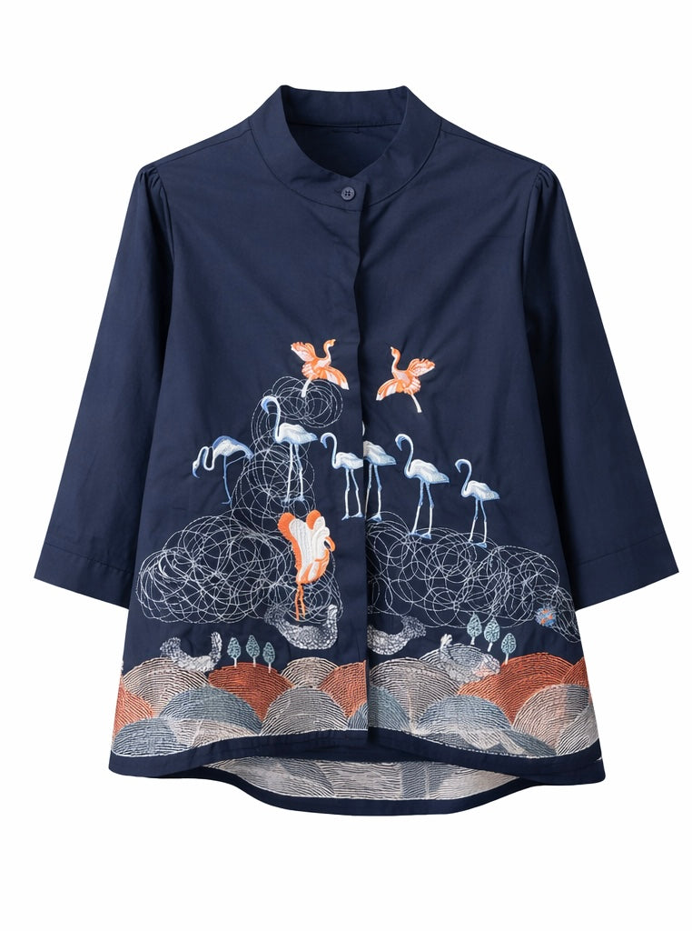 Flamingo Embroidery  Top - Navy , White