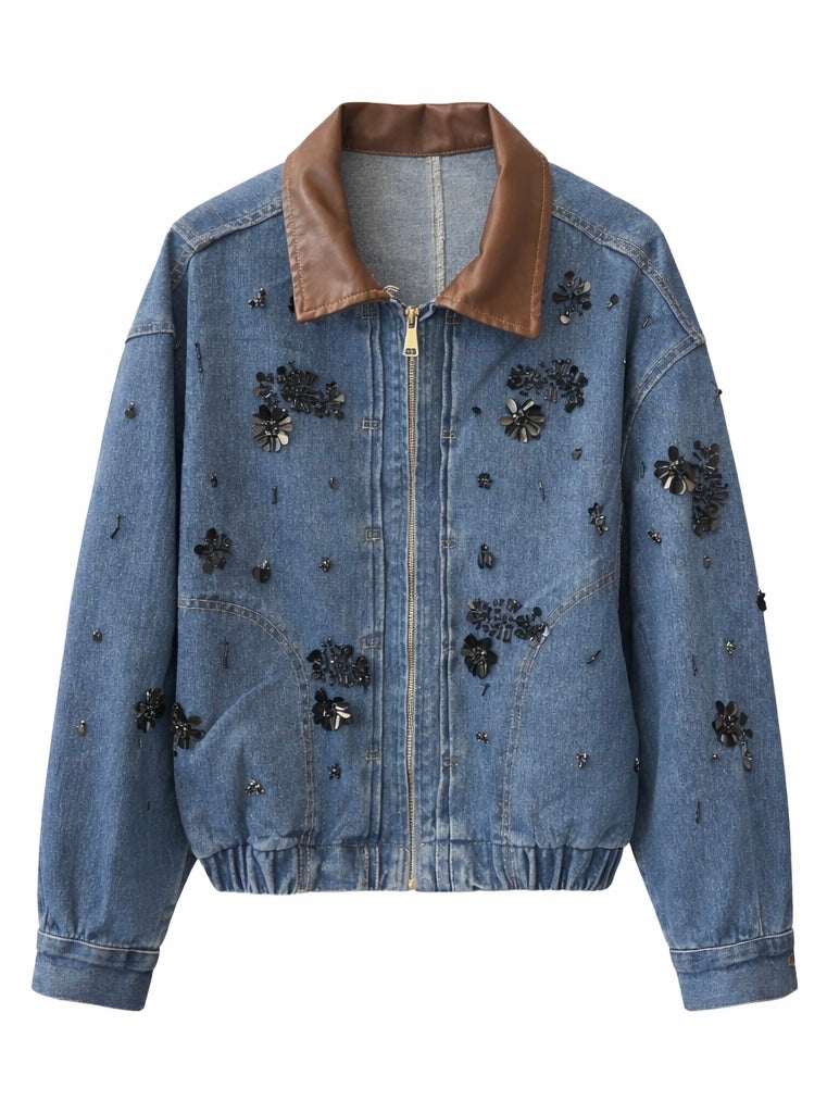 Embellished Denim Jacket with Faux Leather Collar
