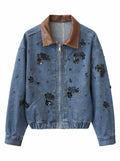 Embellished Denim Jacket with Faux Leather Collar