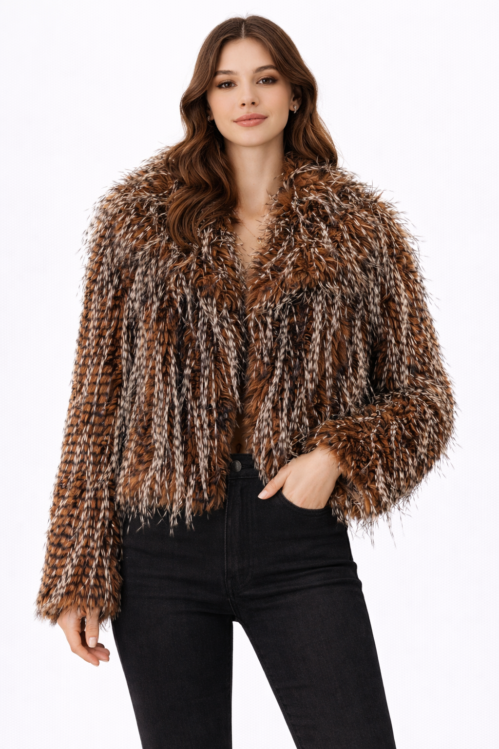 Feathered Faux Fur Statement jacket Chestnut Brown Mix