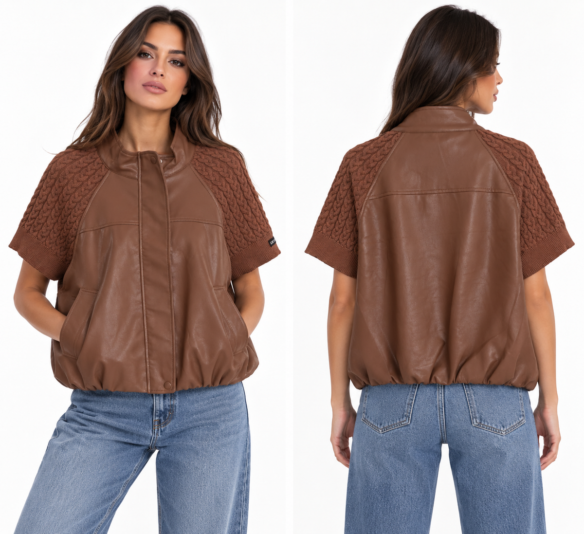 Cable Knit Leather Bomber Jacket ( Beige , Brown , Black )