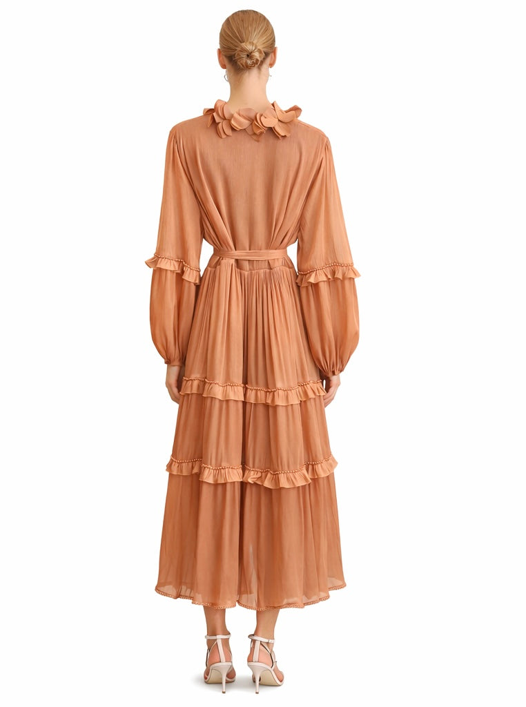 Dress Long Satin , Bronze & White