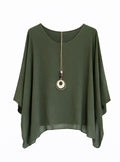 Loose Fit Batwing Sleeve Blouse with Pendant - Olive green , Beige , black