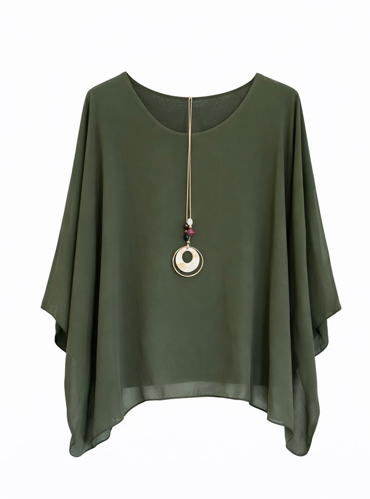 Loose Fit Batwing Sleeve Blouse with Pendant - Olive green , Beige , black