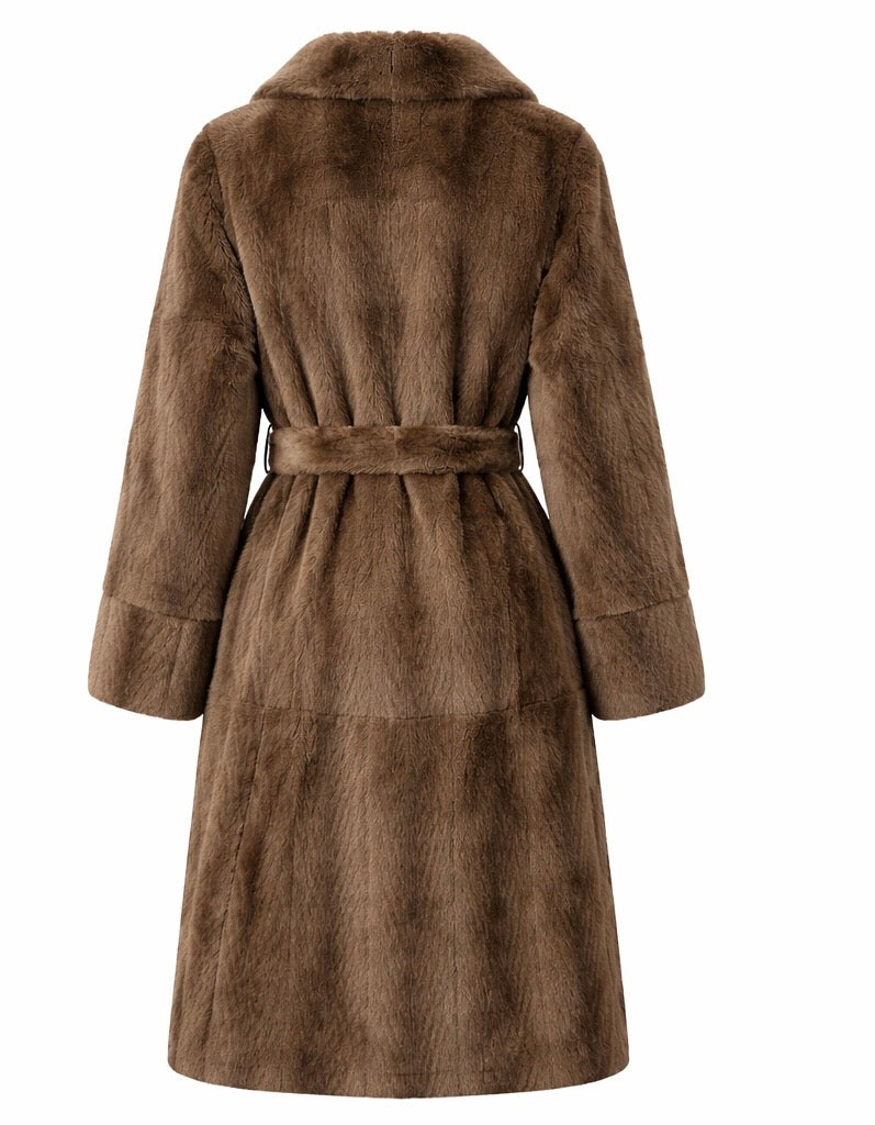 Tailored Eco Fur Coat with Belt Brown