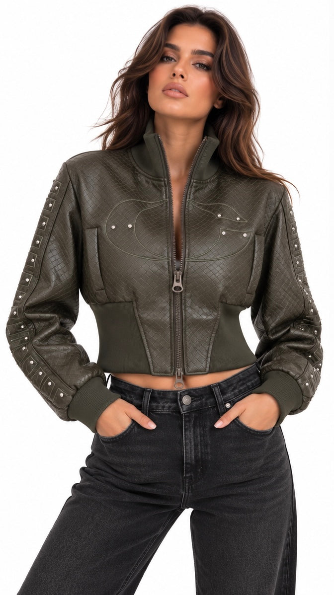Studded Textured Leather Bomber Jacket( Olive , Burgundy )