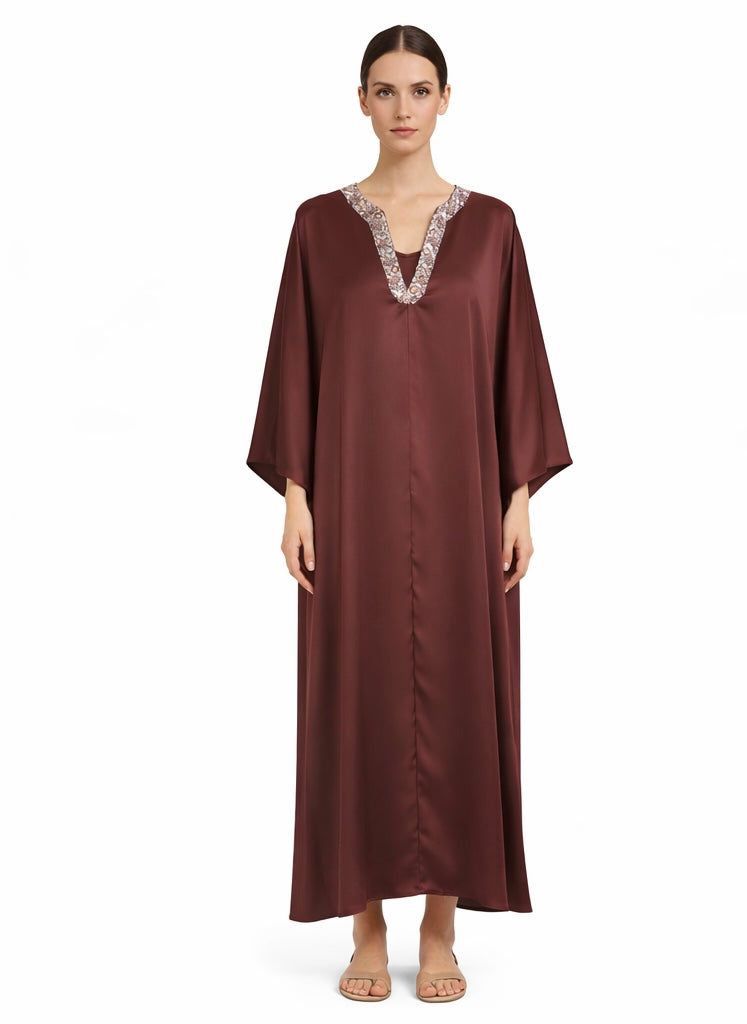 Beaded Neckline Brown Kaftan Dress