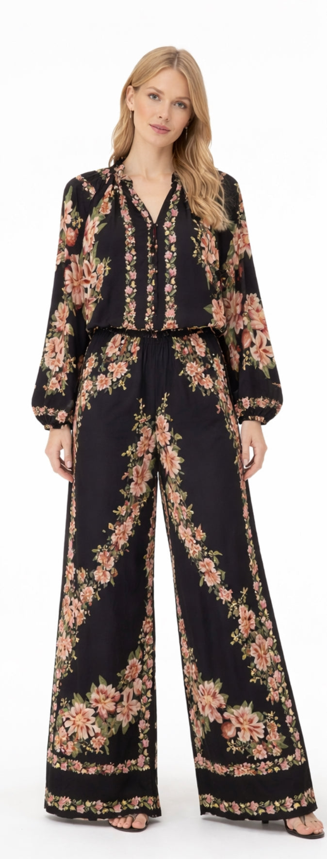 Floral Wide-Leg Pants & Blouse Set - Pistachio , White , Black