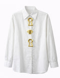Elegant White Shirt with Gold Statement Keyhole Detail