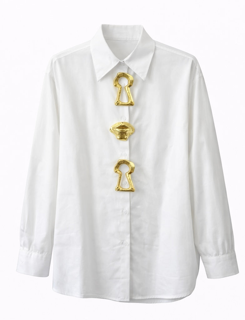 Elegant White Shirt with Gold Statement Keyhole Detail